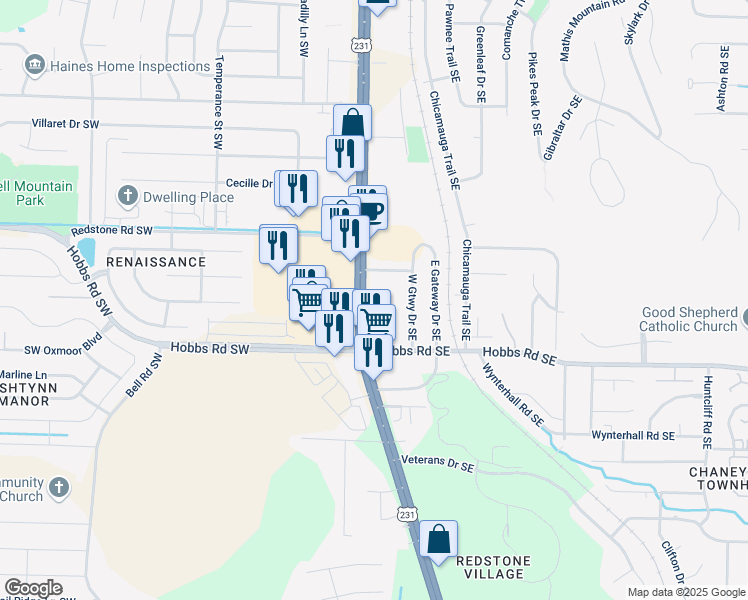 map of restaurants, bars, coffee shops, grocery stores, and more near 11803 Memorial Parkway Southwest in Huntsville