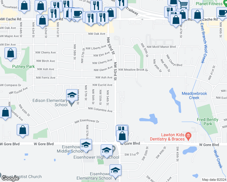 map of restaurants, bars, coffee shops, grocery stores, and more near 428 Northwest 53rd Street in Lawton