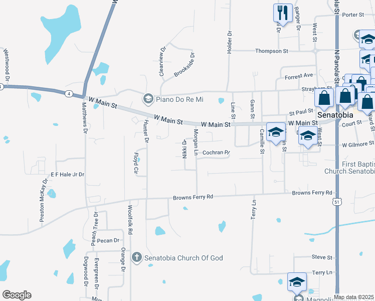 map of restaurants, bars, coffee shops, grocery stores, and more near 108 Nikki Drive in Senatobia