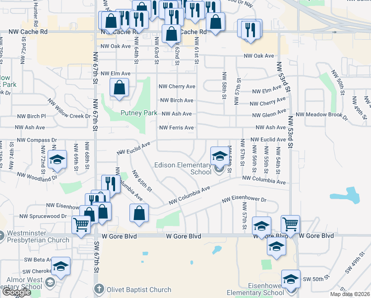 map of restaurants, bars, coffee shops, grocery stores, and more near 6114 Northwest Euclid Avenue in Lawton