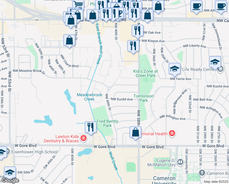 map of restaurants, bars, coffee shops, grocery stores, and more near 511 Northwest 40th Street in Lawton