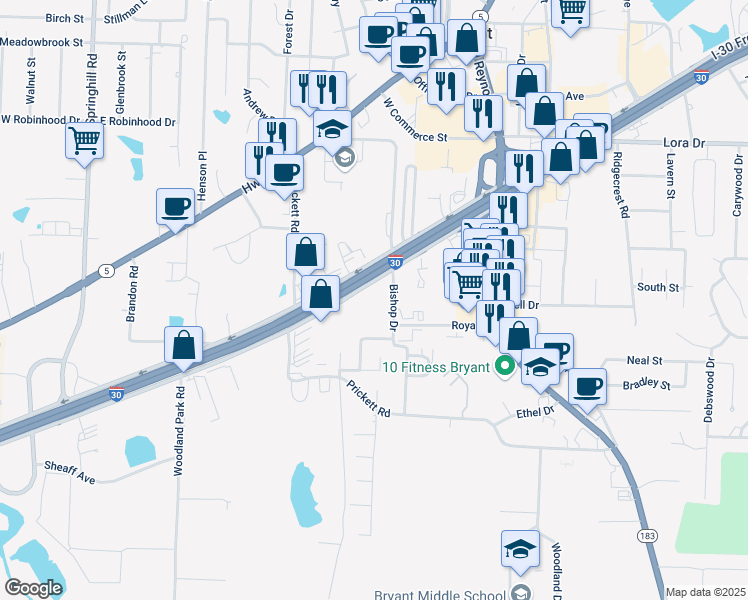 map of restaurants, bars, coffee shops, grocery stores, and more near 22515 Interstate 30 Frontage Road in Bryant