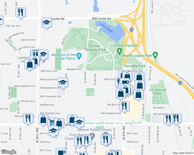 map of restaurants, bars, coffee shops, grocery stores, and more near 413 Northwest Euclid Avenue in Lawton