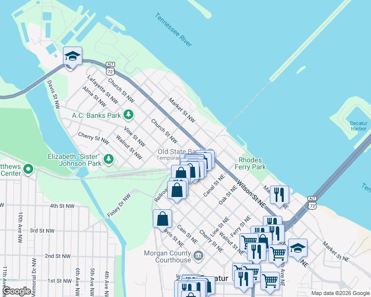 map of restaurants, bars, coffee shops, grocery stores, and more near 204 Church Street Northeast in Decatur