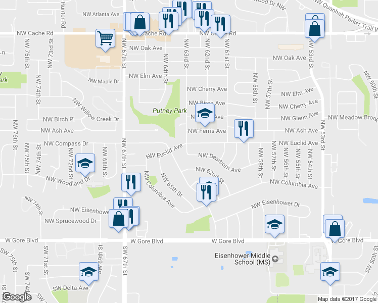 map of restaurants, bars, coffee shops, grocery stores, and more near 6125 Northwest Dearborn Avenue in Lawton