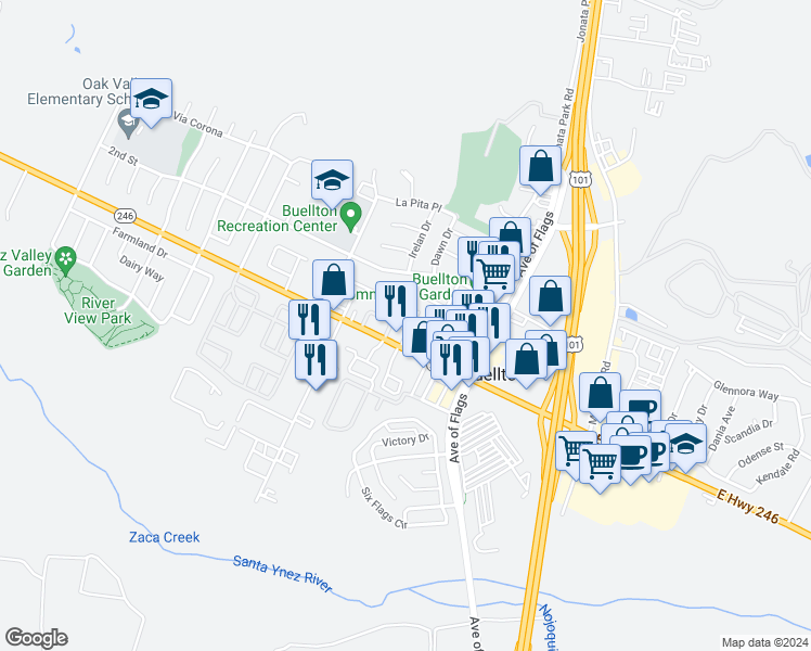 map of restaurants, bars, coffee shops, grocery stores, and more near 363 Palm Way in Buellton