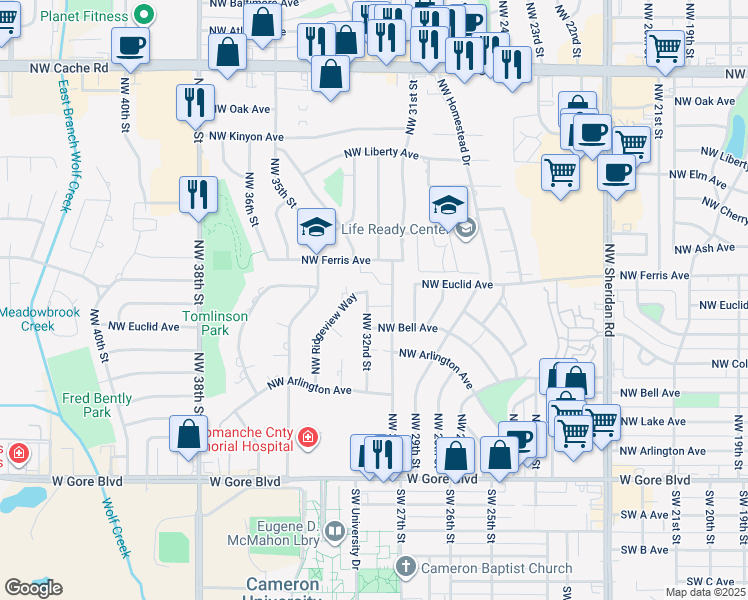 map of restaurants, bars, coffee shops, grocery stores, and more near 914 Southwest 80th Street in Lawton