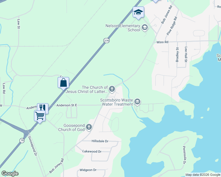 map of restaurants, bars, coffee shops, grocery stores, and more near 19 Greenwood Drive in Scottsboro