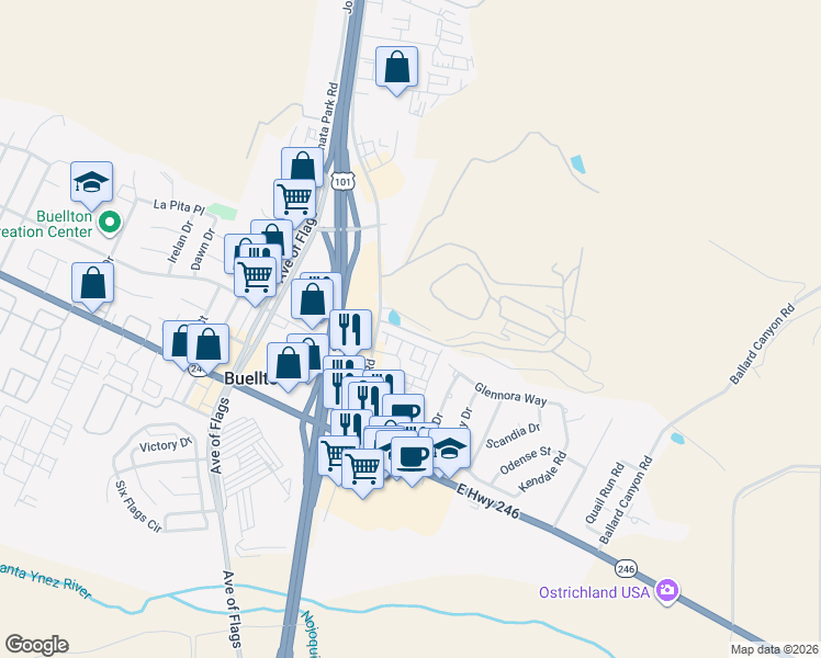 map of restaurants, bars, coffee shops, grocery stores, and more near 233 Deming Way in Buellton