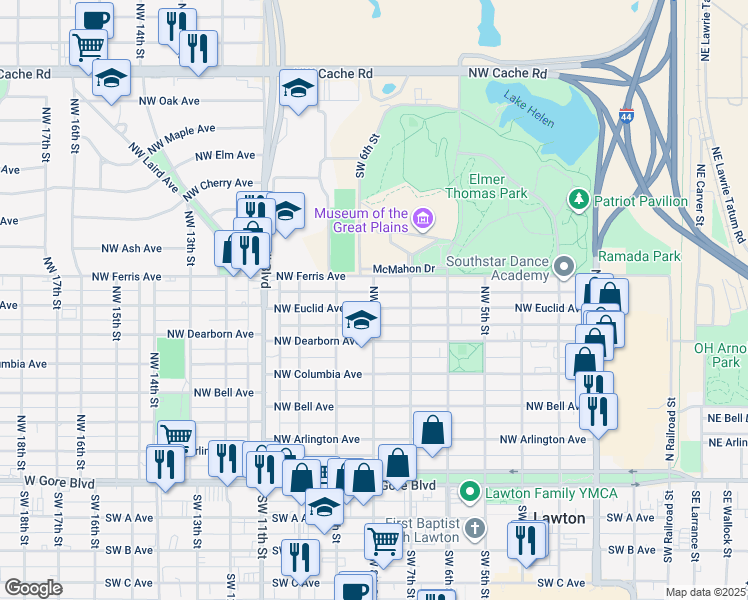 map of restaurants, bars, coffee shops, grocery stores, and more near 507 Northwest 8th Street in Lawton
