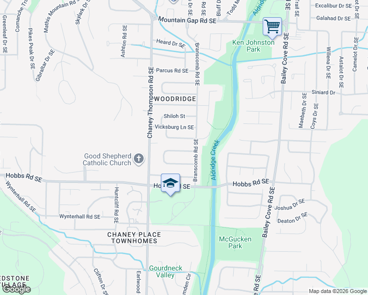 map of restaurants, bars, coffee shops, grocery stores, and more near 1014 Kennesaw Drive Southeast in Huntsville