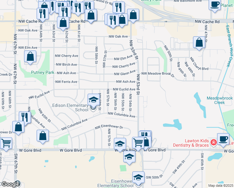 map of restaurants, bars, coffee shops, grocery stores, and more near 425 Northwest 56th Street in Lawton