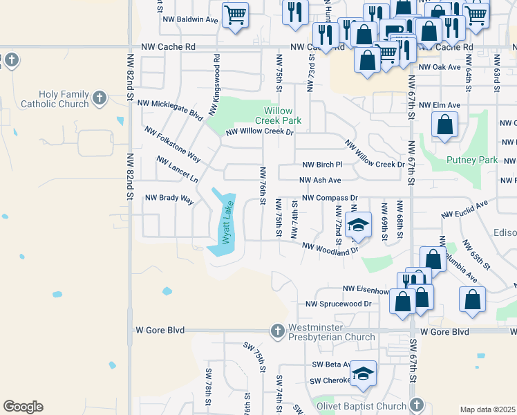 map of restaurants, bars, coffee shops, grocery stores, and more near 416 Northwest 76th Street in Lawton