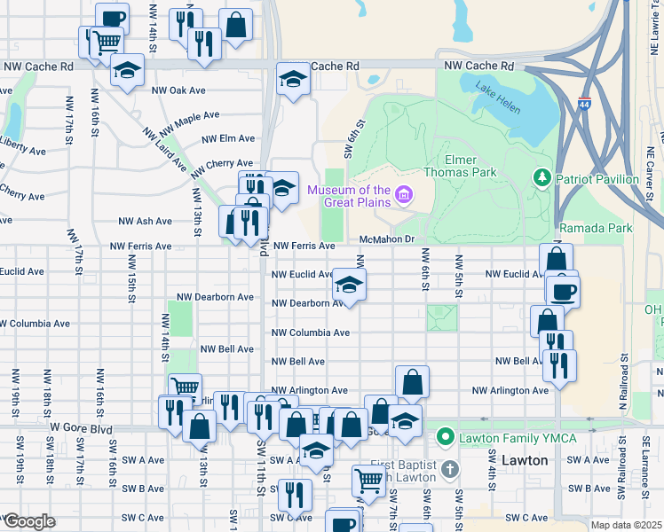 map of restaurants, bars, coffee shops, grocery stores, and more near 815 Northwest Euclid Avenue in Lawton