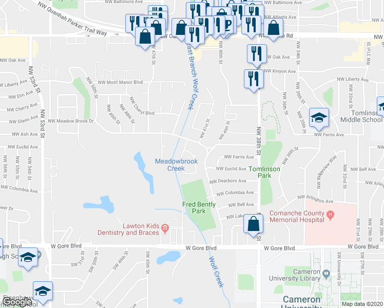 map of restaurants, bars, coffee shops, grocery stores, and more near 708 Northwest Heinzwood Circle in Lawton