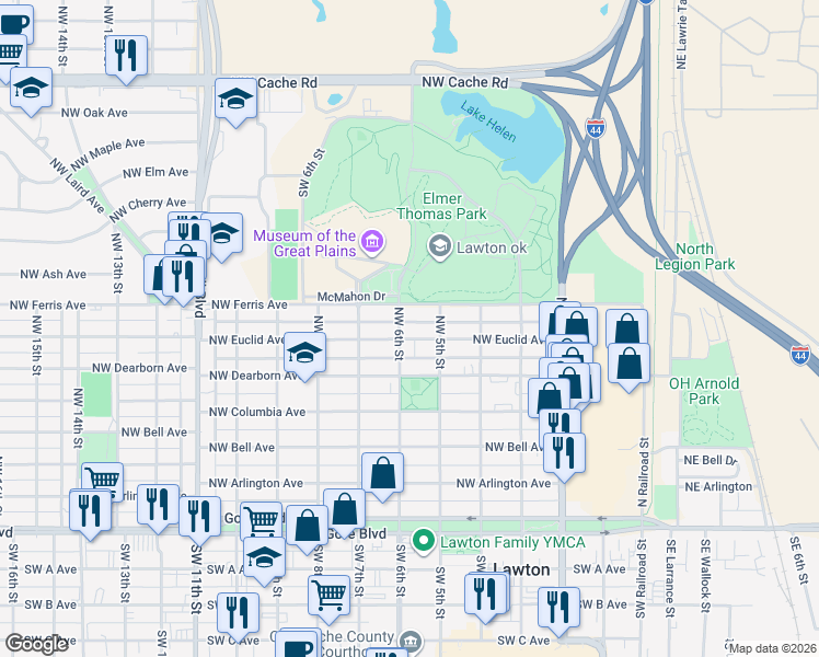 map of restaurants, bars, coffee shops, grocery stores, and more near 510 Northwest 6th Street in Lawton