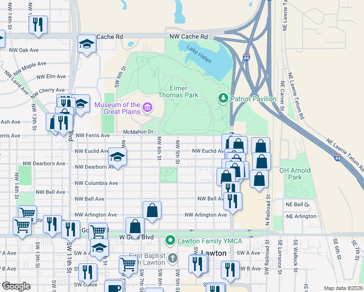 map of restaurants, bars, coffee shops, grocery stores, and more near 508 Northwest 5th Street in Lawton