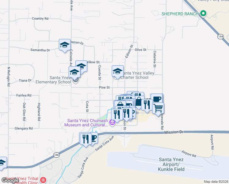 map of restaurants, bars, coffee shops, grocery stores, and more near 3526 Pine Street in Santa Ynez