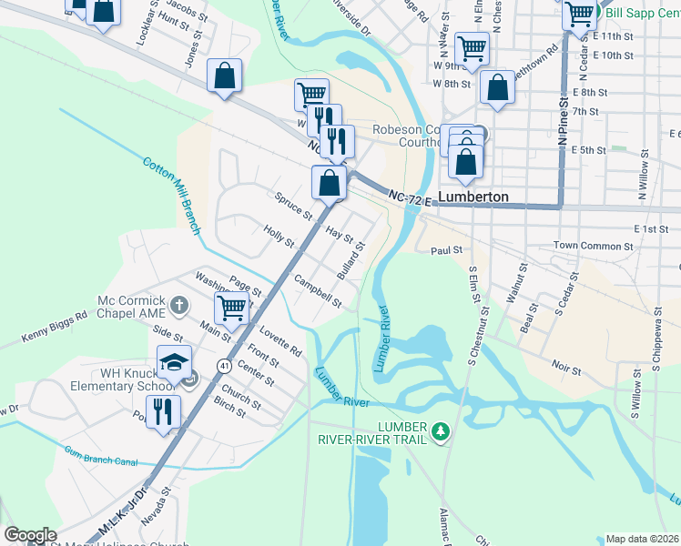 map of restaurants, bars, coffee shops, grocery stores, and more near 209 Kinlaw Street in Lumberton