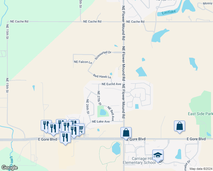 map of restaurants, bars, coffee shops, grocery stores, and more near 2713 Northeast Euclid Avenue in Lawton