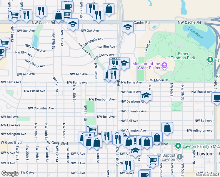map of restaurants, bars, coffee shops, grocery stores, and more near 1111 Northwest Euclid Avenue in Lawton