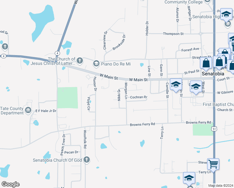 map of restaurants, bars, coffee shops, grocery stores, and more near 108 Nikki Drive in Senatobia