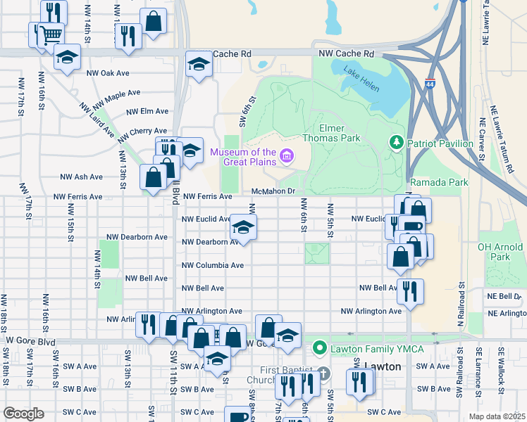 map of restaurants, bars, coffee shops, grocery stores, and more near 507 Northwest 8th Street in Lawton