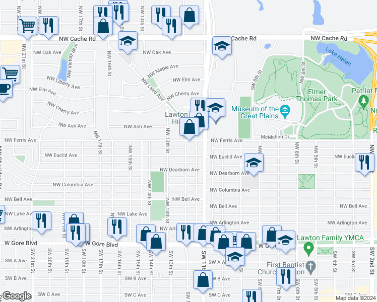 map of restaurants, bars, coffee shops, grocery stores, and more near 1111 Northwest Euclid Avenue in Lawton