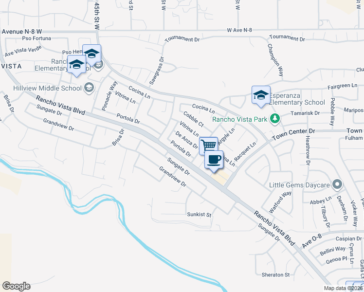 map of restaurants, bars, coffee shops, grocery stores, and more near 4053 Portola Drive in Palmdale