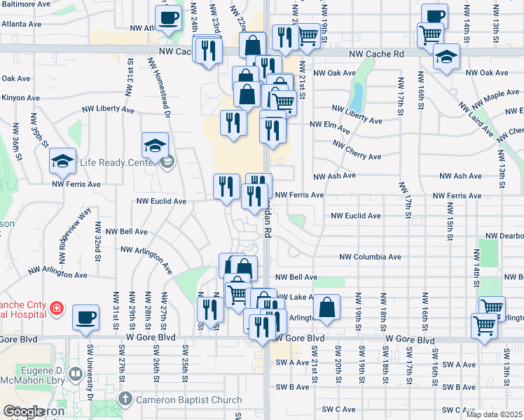 map of restaurants, bars, coffee shops, grocery stores, and more near 602 Northwest Sheridan Road in Lawton