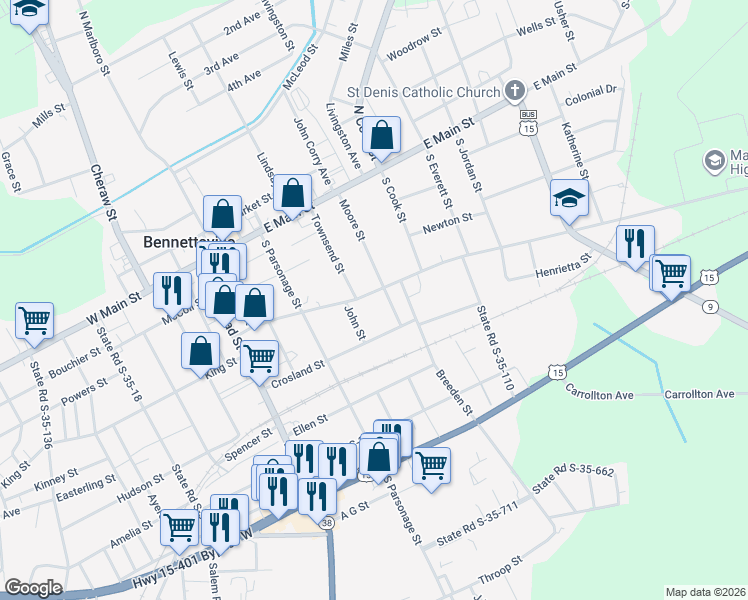 map of restaurants, bars, coffee shops, grocery stores, and more near 406 Fayetteville Avenue in Bennettsville