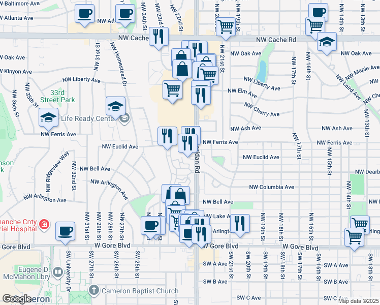 map of restaurants, bars, coffee shops, grocery stores, and more near 602 Northwest Sheridan Road in Lawton