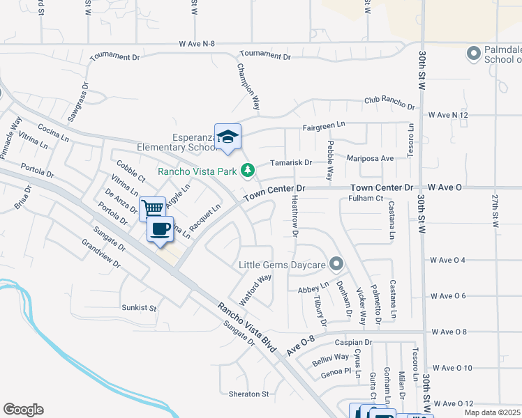 map of restaurants, bars, coffee shops, grocery stores, and more near 3534 Springview Way in Palmdale