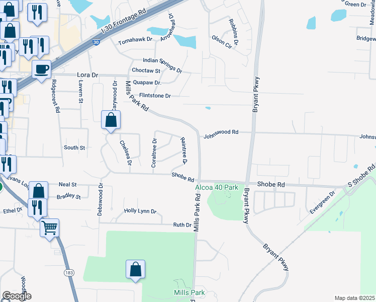 map of restaurants, bars, coffee shops, grocery stores, and more near 2303 Mills Park Road in Bryant