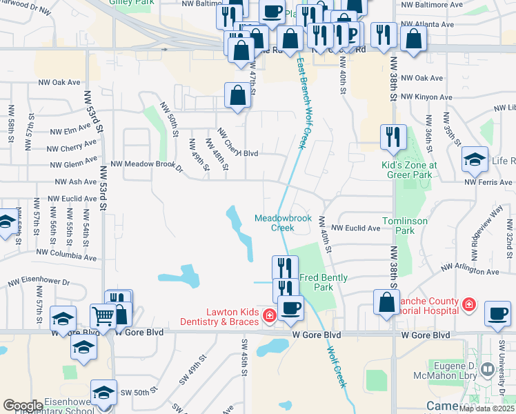 map of restaurants, bars, coffee shops, grocery stores, and more near 726 Northwest 46th Street in Lawton