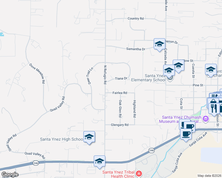 map of restaurants, bars, coffee shops, grocery stores, and more near 3041 Fairlea Road in Santa Ynez