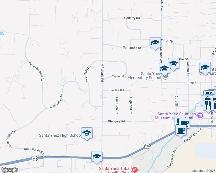map of restaurants, bars, coffee shops, grocery stores, and more near 1216 North Refugio Road in Santa Ynez