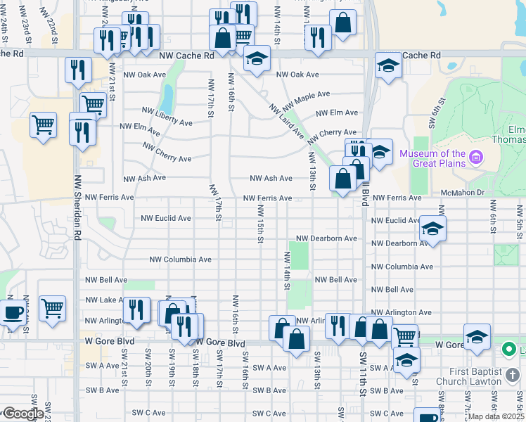 map of restaurants, bars, coffee shops, grocery stores, and more near 1409 Northwest Euclid Avenue in Lawton