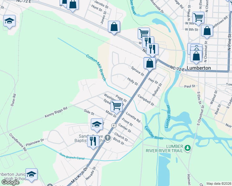 map of restaurants, bars, coffee shops, grocery stores, and more near 130 Page Street in Lumberton