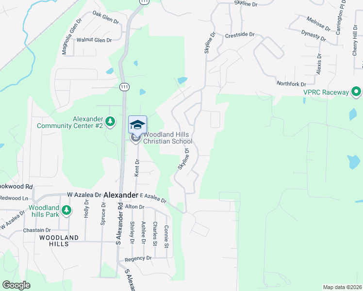 map of restaurants, bars, coffee shops, grocery stores, and more near 14676 Skyline Drive in Alexander