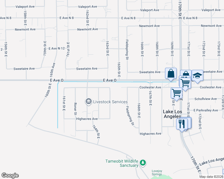 map of restaurants, bars, coffee shops, grocery stores, and more near 40346 165th Street East in Palmdale