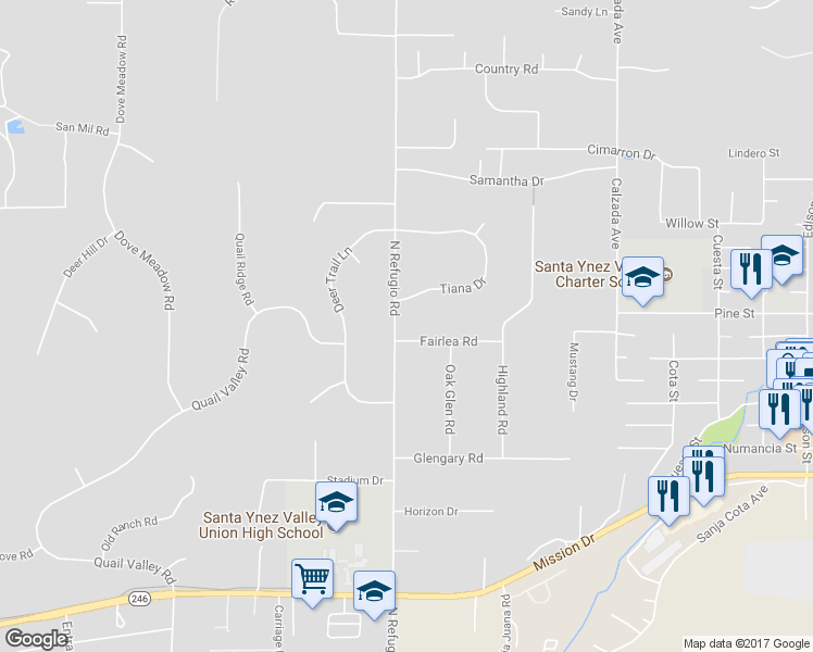 map of restaurants, bars, coffee shops, grocery stores, and more near 1216 North Refugio Road in Santa Ynez