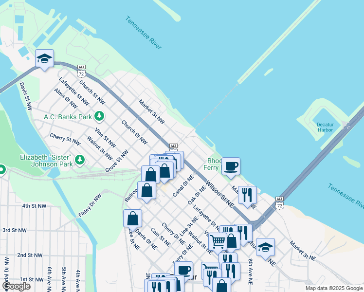 map of restaurants, bars, coffee shops, grocery stores, and more near 7 Harborview Court Northeast in Decatur