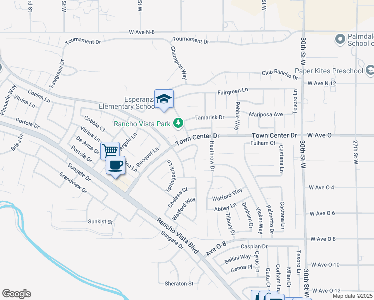 map of restaurants, bars, coffee shops, grocery stores, and more near 3534 Springview Way in Palmdale