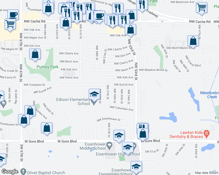 map of restaurants, bars, coffee shops, grocery stores, and more near 425 Northwest 57th Street in Lawton