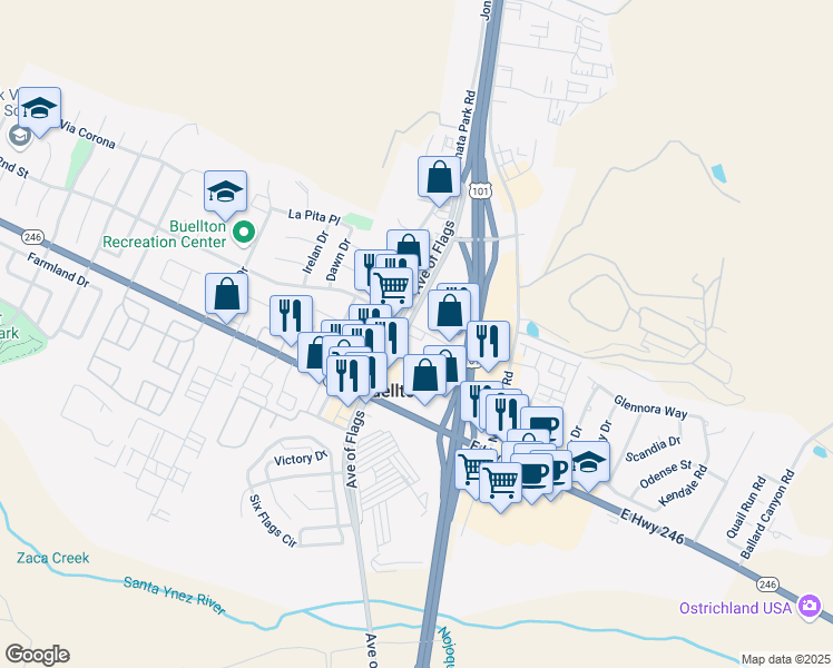 map of restaurants, bars, coffee shops, grocery stores, and more near 480 Avenue Of The Flags in Buellton