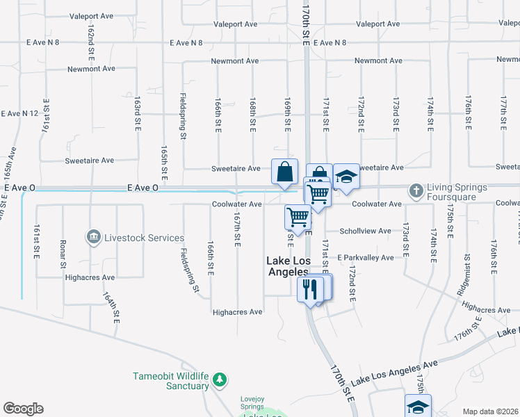 map of restaurants, bars, coffee shops, grocery stores, and more near 40333 168th Street East in Palmdale