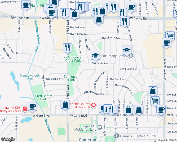 map of restaurants, bars, coffee shops, grocery stores, and more near 155 Northwest 36th Street in Lawton
