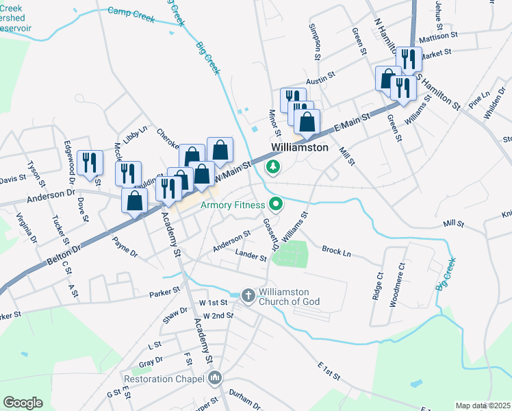 map of restaurants, bars, coffee shops, grocery stores, and more near 114 Gossett Drive in Williamston