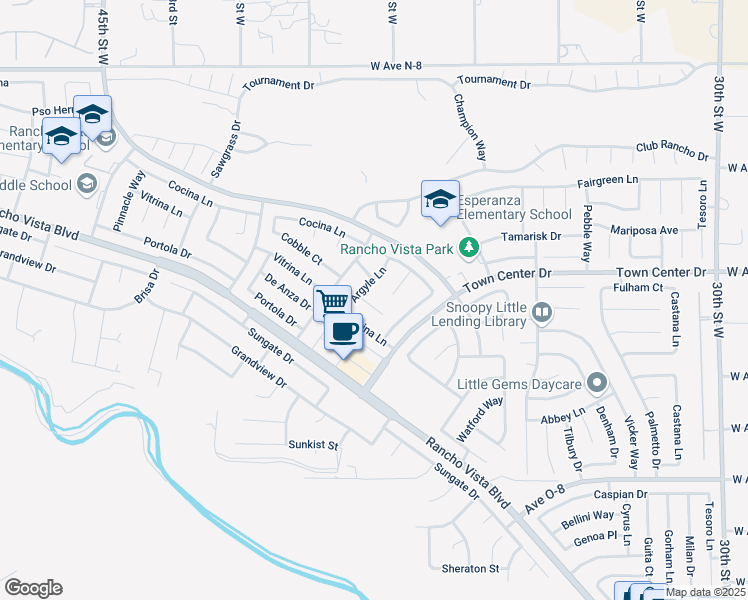 map of restaurants, bars, coffee shops, grocery stores, and more near 3841 Cobble Court in Palmdale